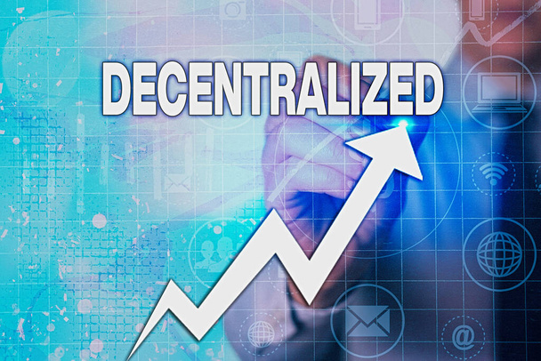 Writing note showing Decentralized. Business photo showcasing move departments away from a single administrative center Arrow symbol going upward showing significant achievement. - Photo, Image