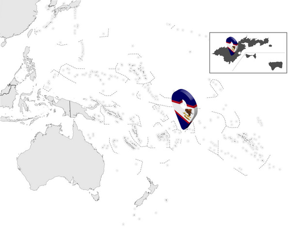 Карта розташування Американського Самоа на карті Океанії та Австралії. 3d American Samoa Flag map marker site Високоякісна карта Американського Самоа. Океанія. ЕПС10. - Вектор, зображення