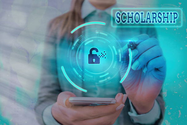 Conceptual hand writing showing Scholarship. Business photo text grant or payment made to support a student s is education Graphics padlock for web data security application system. - Photo, Image