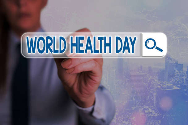 Käsikirjoitus Maailman terveyspäivästä. Business valokuva teksti globaali terveystietoisuuden päivä vietetään vuosittain 7 Huhtikuu Web haku digitaalinen futuristinen teknologia verkkoyhteys. - Valokuva, kuva