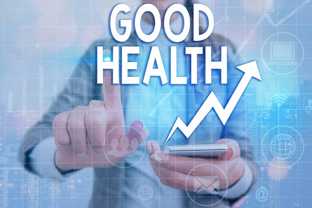 Writing note showing Good Health. Business photo showcasing state of being vigorous and free from a bodily or mental disease Arrow symbol going upward showing significant achievement. - Photo, Image