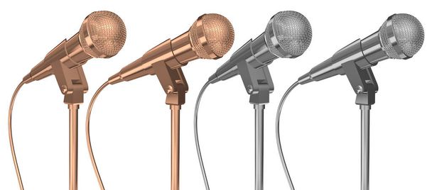 Deux microphones dorés et deux microphones argentés sur fond blanc isolé. Rendu 3d - Photo, image