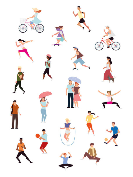 actividad física personas que practican deportes al aire libre o recreativos - Vector, imagen