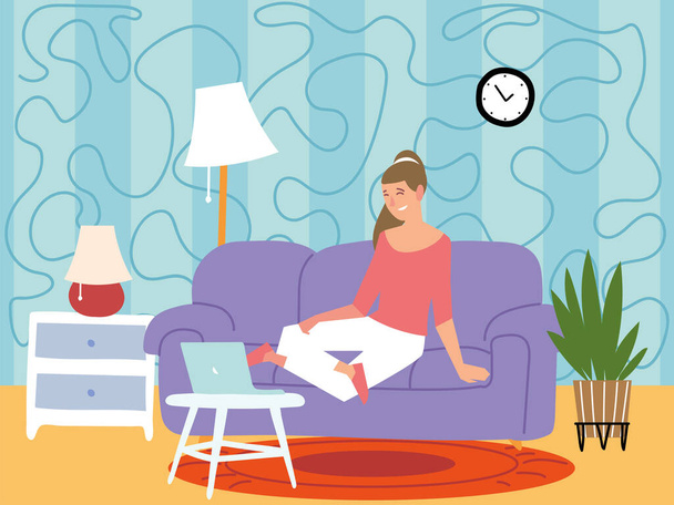 female character is sitting in a sofa and working on a laptop, indoor activities - Vector, Image