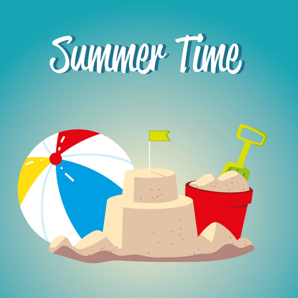 summer vacation travel, sandcastle ball bucket with shovel - Vector, afbeelding