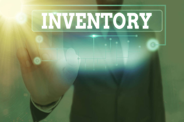 Conceptual hand writing showing Inventory. Business photo text list of traits, preferences, attitudes, interests, or abilities Information digital technology network infographic elements. - Photo, Image