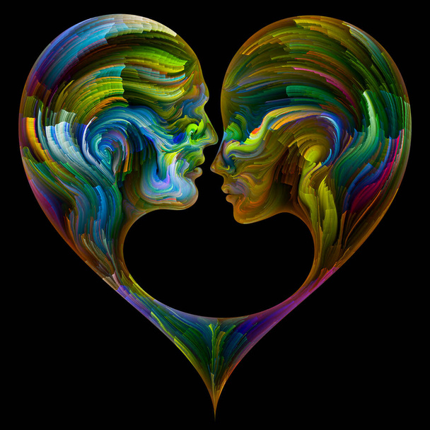 Soul Mates series. Male, female and fetus outlines joined into heart shape symbol with brushstrokes of digital paint. Illustration on subject of love, parenthood, marriage and family. - Foto, imagen