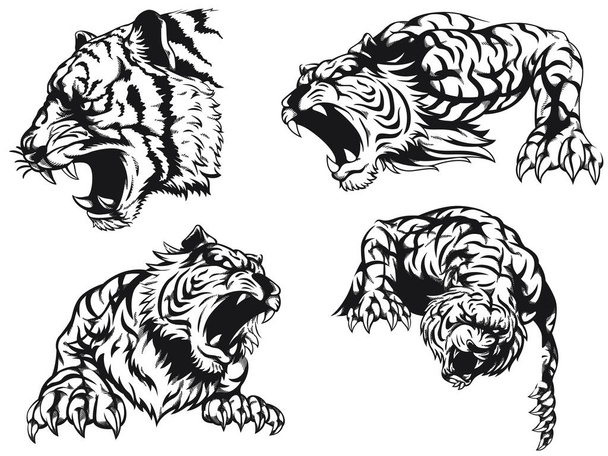 Silhouette angry tiger roaring head illustration outline vector set - Vector, Image