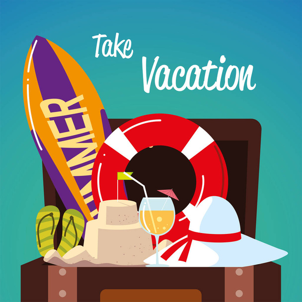 καλοκαιρινές διακοπές ταξίδι, surfboard βαλίτσα καπέλο σανδάλια κάρτα - Διάνυσμα, εικόνα