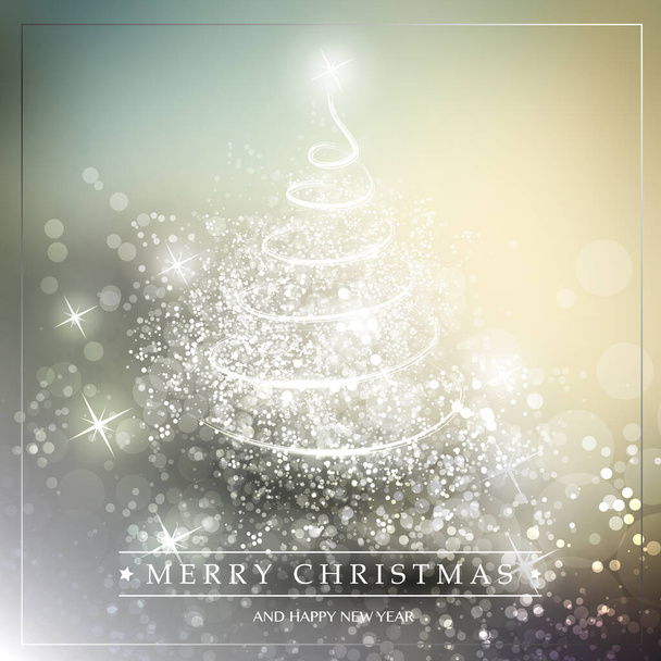 Feliz Navidad, Happy Holidays Card - Forma del árbol de Navidad hecho de luz espiral brillante sobre fondo gris plata y verde - Vector, Imagen