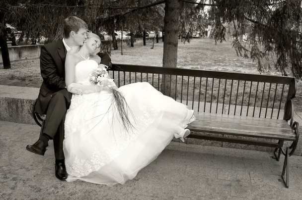 Schönes Paar glücklicher junger Leute, gerade verheiratet, Hochzeit - Foto, Bild