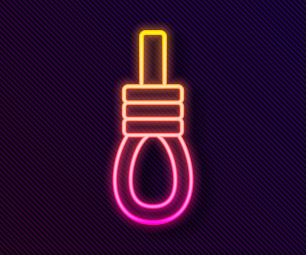 Leuchtende Neon-Linie Galgenseilschlaufe hängt Symbol isoliert auf schwarzem Hintergrund. Seil in Schlinge gebunden. Selbstmord, Erhängen oder Lynchen. Vektor. - Vektor, Bild
