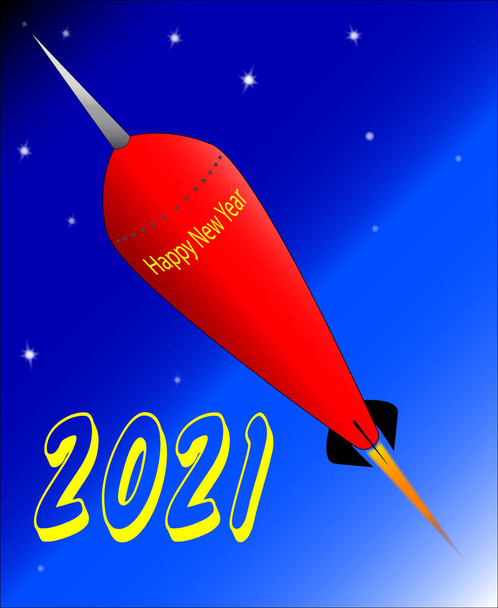 Un cohete de aspecto retro con el mensaje 'Feliz Año Nuevo 2021'. - Vector, Imagen