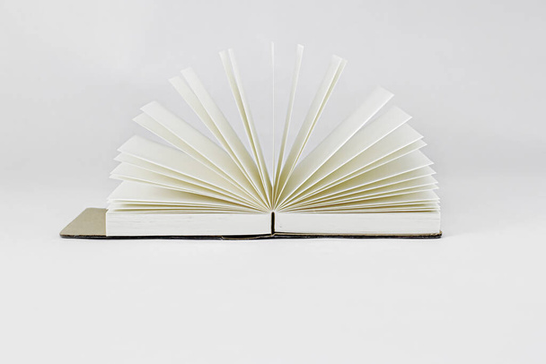 Fan open small unfold notepad with blank light beige pages. Notebook, sketchbook, book. White backdrop. Minimalism - Фото, зображення