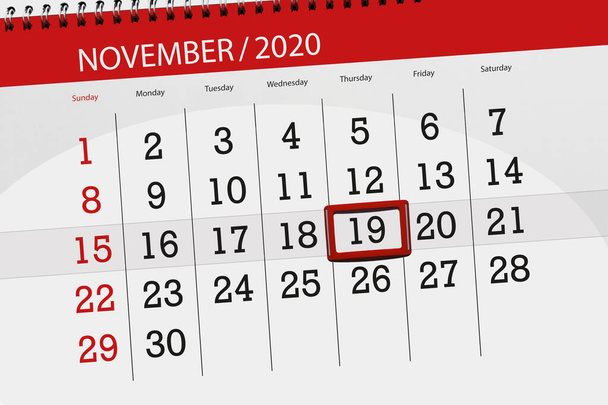 Planificador de calendario para el mes noviembre 2020, fecha límite, 19, jueves. - Foto, Imagen