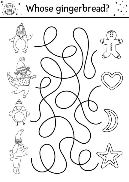 Weihnachten schwarz-weiß Labyrinth für Kinder. Winter Neujahr Kindergarten druckbare pädagogische Aktivität. Lustiges Ferienspiel oder Malseite mit niedlichen Tieren und Keksen. Wessen Lebkuchen? - Vektor, Bild