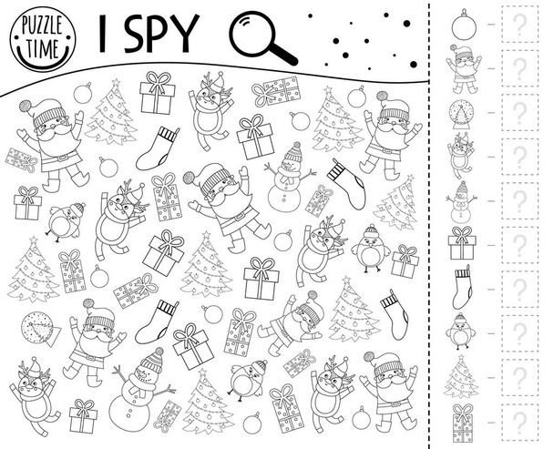 Christmas I spy game for kids. Searching and counting activity for preschool children with traditional New Year objects. Funny winter printable worksheet for kids. Simple holiday spotting puzzle - Vector, Image