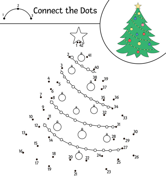 Vector Christmas dot-to-dot and color activity with cute fir tree. Winter holiday connect the dots game for children. Funny coloring page for kids with traditional New Year symbol. - Vector, imagen