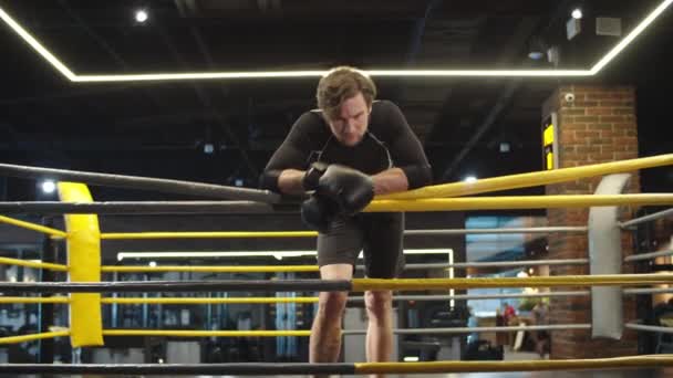 Homem agressivo em forma apoiando-se nas cordas do ringue no clube desportivo. Boxer gritando no ginásio - Filmagem, Vídeo