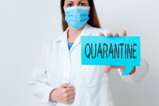 Text sign showing Quarantine. Conceptual photo restraint upon the activities of an individual or the transport of goods Laboratory technician featuring empty sticker paper accessories smartphone. - Φωτογραφία, εικόνα