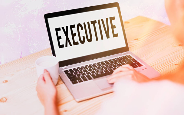 Conceptual hand writing showing Executive. Business photo text belonging to the branch of government that is charged with powers Modern gadgets white screen under colorful bokeh background. - Photo, Image