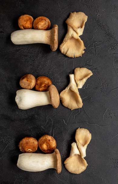 Raw mushrooms knolling concept. Vertical orientation, black backboard. - Photo, Image