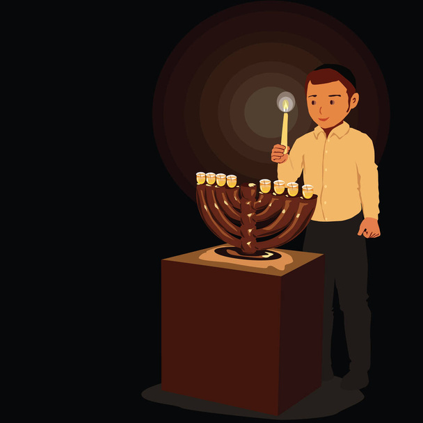 Зажигание свечей Хануки (еврейский праздник) Религиозный, ортодоксальный ребенок, держащий в руке большую свечу, перед ним менора на столе. Векторное рисование в теплых тонах - Вектор,изображение