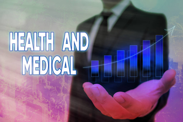 Conceptual hand writing showing Health And Medical. Business photo text study and investigation of physical and mental wellbeing Arrow symbol going upward showing significant achievement. - Photo, Image