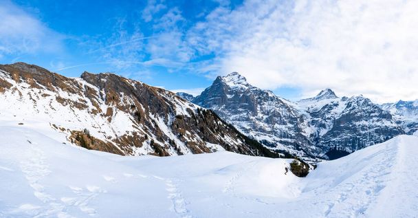 Wide panoramic view of winter landscape in Swiss Alps on the First mountain in Grindelwald, Switzerland - Фото, изображение