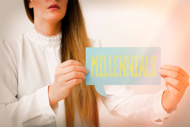 Writing note showing Millennials. Business photo showcasing an individual reaching young adulthood in the early 21st century Displaying different color mock up notes for emphasizing content. - Photo, Image