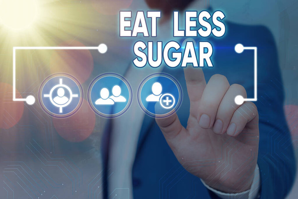 Χειρόγραφο κείμενο γράφοντας Τρώτε λιγότερη ζάχαρη. Έννοια σημαίνει μείωση της πρόσληψης σακχάρων και διατροφή πλούσια σε τροφές Πληροφορίες ψηφιακή τεχνολογία δίκτυο σύνδεσης infographic στοιχεία εικονίδιο. - Φωτογραφία, εικόνα