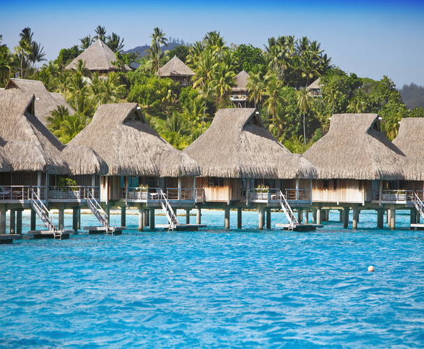 Paysage polynésien typique - littoral avec palmiers et petites maisons sur l'eau
 - Photo, image
