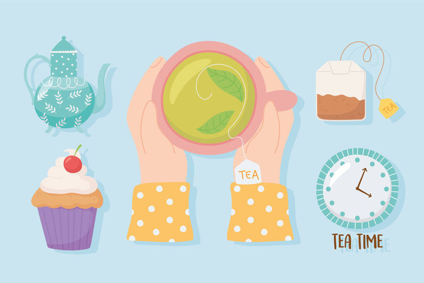 tea, hands with teacup kettle cupcake teabag clock beverage - Vetor, Imagem