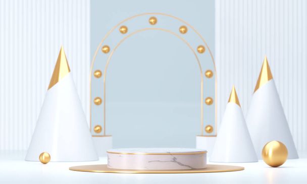 White round podium with geometric shapes and gold elements. Abstract blank pedestal, display platform. 3D Rendering - Фото, зображення