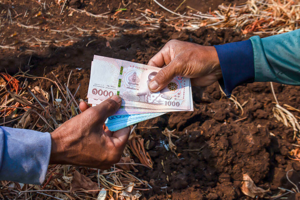 фермер держит банкноты деньги тай-бат в руке, торговля землей, давая пожертвования деньги, (трудовые деньги для работников труда, фермер и садовник концепции), деньги в руке для дать концепцию - Фото, изображение
