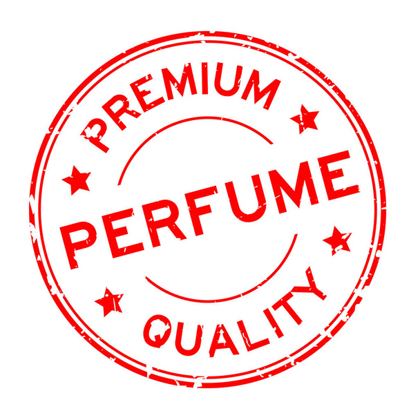 Grunge piros prémium minőségű parfüm szó kerek gumi pecsét fehér háttér - Vektor, kép