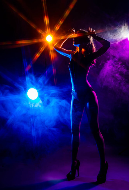 Beautiful slim sexy dancer girl wearing lingerie and high heels posing in the rays of light in a colorful smoke. Artistic, conceptual, silhouette,commercial and advertising design. - Foto, immagini