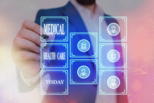 Writing note showing Medical Health Care. Business photo showcasing restoration of our physical and mental wellbeing Grids and different icons latest digital technology concept. - Photo, Image