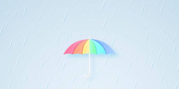 ουράνιο τόξο ομπρέλα χρώμα με βαριά βροχή, βροχερή εποχή, καταιγίδα, χαρτί τέχνης στυλ - Διάνυσμα, εικόνα