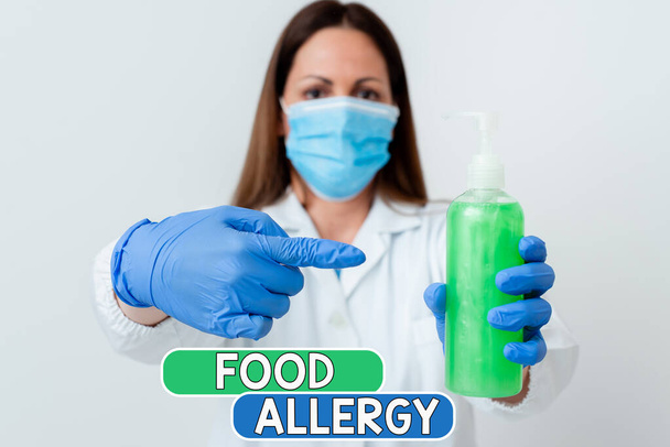Sana kirjallisesti tekstiä Ruoka Allergia. Liiketoiminta käsite epänormaali immuunijärjestelmän vaste allergeenille syömisen jälkeen Laboratorion verinäyte esitetty lääketieteellisen diagnostisen analyysin tulos. - Valokuva, kuva