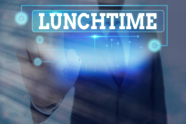 Conceptual hand writing showing Lunchtime. Business photo text the time at which lunch is usually eaten : NOON, 12 o clock Information digital technology network infographic elements. - Photo, Image