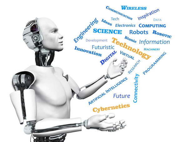 Male robot with technology theme word cloud. - Photo, Image
