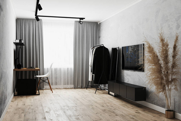 Moderno interior de la sala de estar con paredes grises, perchero y espejo de piso, TV, mesa de madera con PC, cortinas grises en la ventana, representación 3d - Foto, imagen