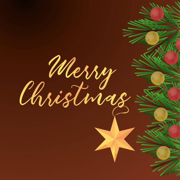 Veselé Vánoce, přání k pozdravu ručně psaný text a větev strom s kuličkami dekorace detailní - Vektor, obrázek