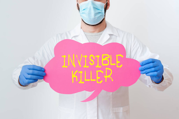 Text sign showing Invisible Killer. Conceptual photo presence into the air of a substance which are harmful Laboratory Technician Featuring Empty Sticker Paper Accessories Smartphone. - Photo, Image