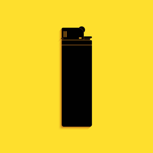 Icona Accendino nero isolato su sfondo giallo. Lungo stile ombra. Vettore. - Vettoriali, immagini