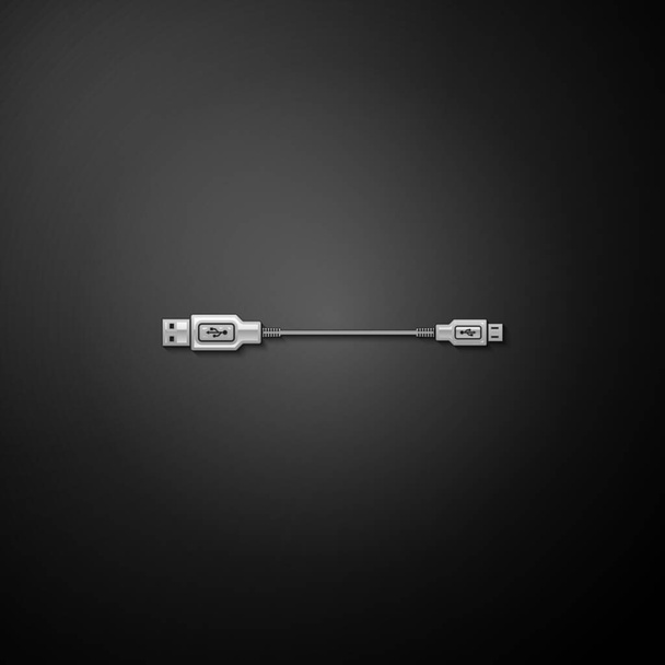 Zilveren USB Micro kabels icoon geïsoleerd op zwarte achtergrond. Aansluitingen en stopcontacten voor PC en mobiele apparaten. Smartphone opladen levering. Lange schaduw stijl. Vector. - Vector, afbeelding