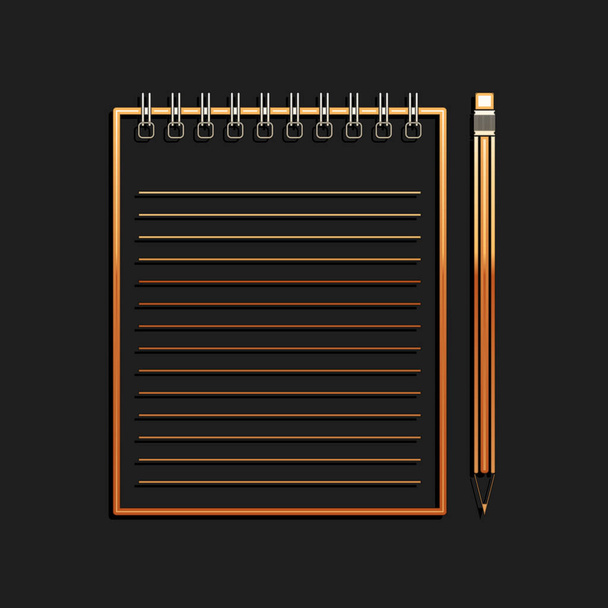 Gold Blank Notizbuch und Bleistift mit Radiergummi-Symbol isoliert auf schwarzem Hintergrund. Langer Schatten. Vektor. - Vektor, Bild