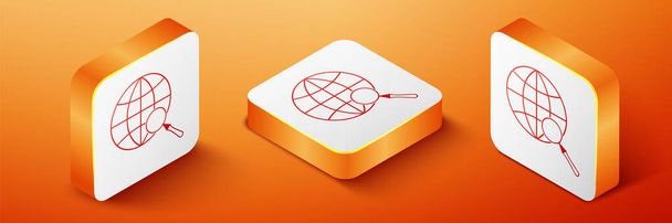 Lente d'ingrandimento isometrica con icona a globo isolata su sfondo arancione. Analizzando il mondo. Segno di ricerca globale. Pulsante quadrato arancione. Vettore. - Vettoriali, immagini