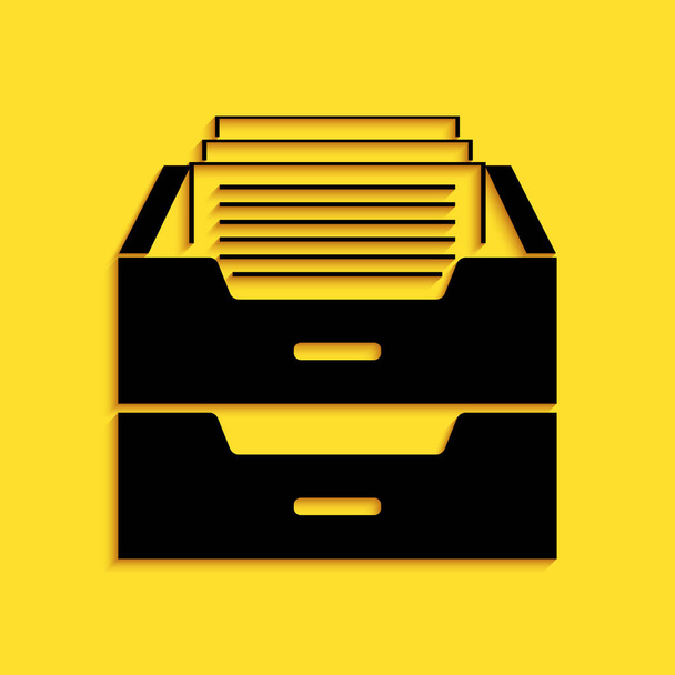 Black Drawer with documents icon isolated on yellow background. Archive papers drawer. File Cabinet Drawer. Office furniture. Long shadow style. Vector. - Vector, Image